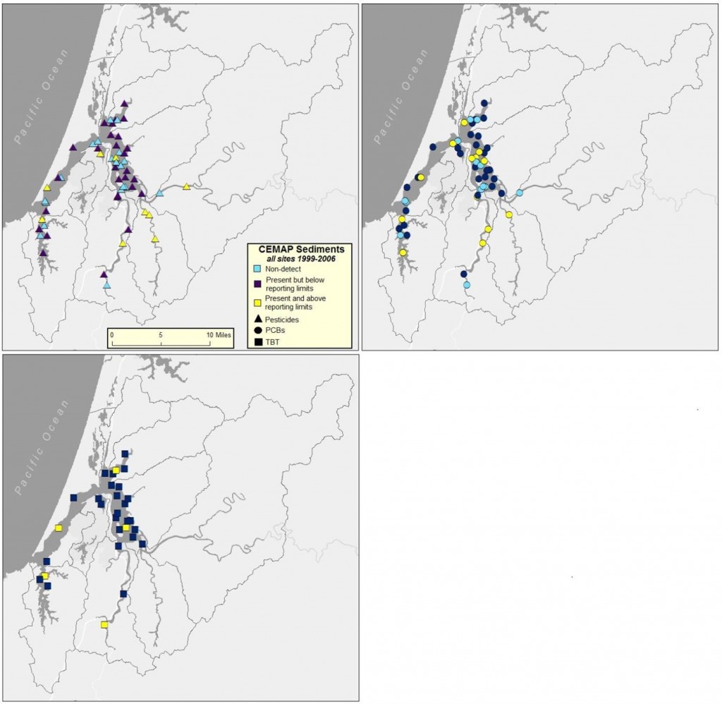 Figure 7. CEMAP observations (1999-2006). Observation sites are classified into three categories including non-detection (light blue), detection below reporting limits (dark blue), and detection above reporting limits (yellow). Reporting limits are the smallest concentration of an analyte that can be measured by a laboratory. There are multiple observations at each site. Non-detection means that the contaminant has never been observed at that site. Detection means that the contaminant has been observed at least once since 1999. Data: ODEQ 1999, 2001, 2002, 2004, 2005, 2006.  