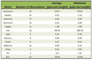 Table 11. Metal concentrations in fishes of Coos Estuary. Data ODEQ 1999, 2002, 2004, 2005, 2006; USEPA 2000