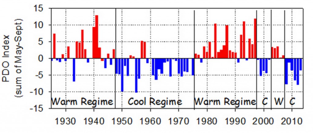 Figure 22. Time series of shifts in signs of the Pacific Decadal Oscillation (PDO), 1925 to present. Values are averaged over the months of May through September. Red bars indicate positive (warm) years; blue bars negative (cool) years. Graphic and caption: NOAA Northwest Fisheries Science Center 2014 
