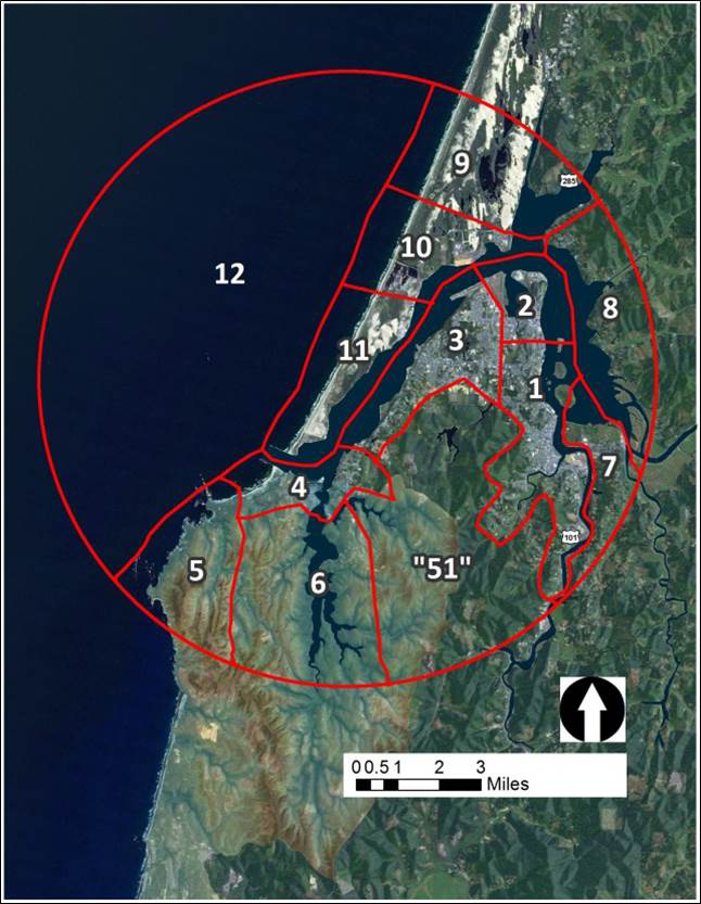 Figure 1. The local Christmas Bird Count is divided into 12 survey areas. Due to various limitations (e.g., incomplete access, time and effort constraints), comprehensive coverage of the survey area is not possible. Effort is focused on areas that are both accessible and suitable habitat for birds. 1= Downtown Coos Bay, 2= North Bend, 3= Empire, 4= Charleston and Bastendorff, 5= Cape Arago, 6= South Slough, 7= Millicoma Marsh, 8= East Bay, 9= Horsefall and Upper Bay, 10= North Spit, 11= North Jetty, 12= Pelagic habitat, “51” = Coos Bay Water Board Lands. Data: Cornu et al. 2012