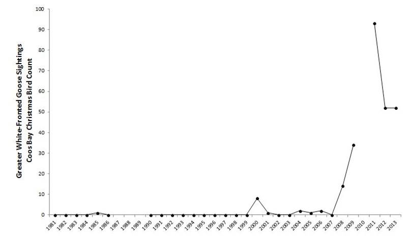 Figure 10. Greater white-fronted goose abundance in the Coos estuary. Data gaps in CBC data exist for years during which the Count was not conducted (2010) or not reported (1987-89).  Data: Audubon 2014, Rodenkirk 2012