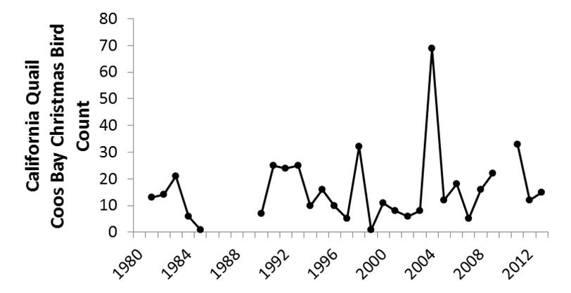 Figure 19. Raw CBC count for California quail in the lower Coos watershed. Data gaps occur during years in which the CBC was not conducted (2010) or not reported (1987-89). Data: Audubon 2014, Rodenkirk 2012 