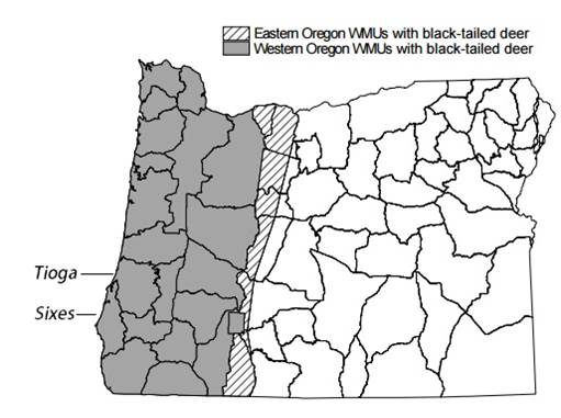 Figure 19. Range map showing the extent of black-tailed deer in Oregon. Although the range of Roosevelt elk in Oregon is not mapped, it corresponds to roughly the same area. Figure: ODFW 2008. 