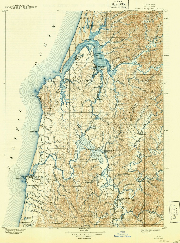 Map of the Coos and Coquille estuaries circa 1900. Source: USGS 2012