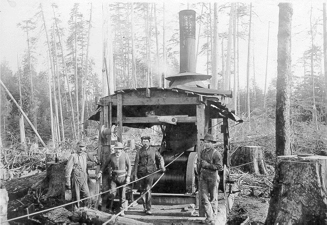 Logging yarder with Henry Metcalf Sr. c1930’s.  Source: Coquille Indian Tribe