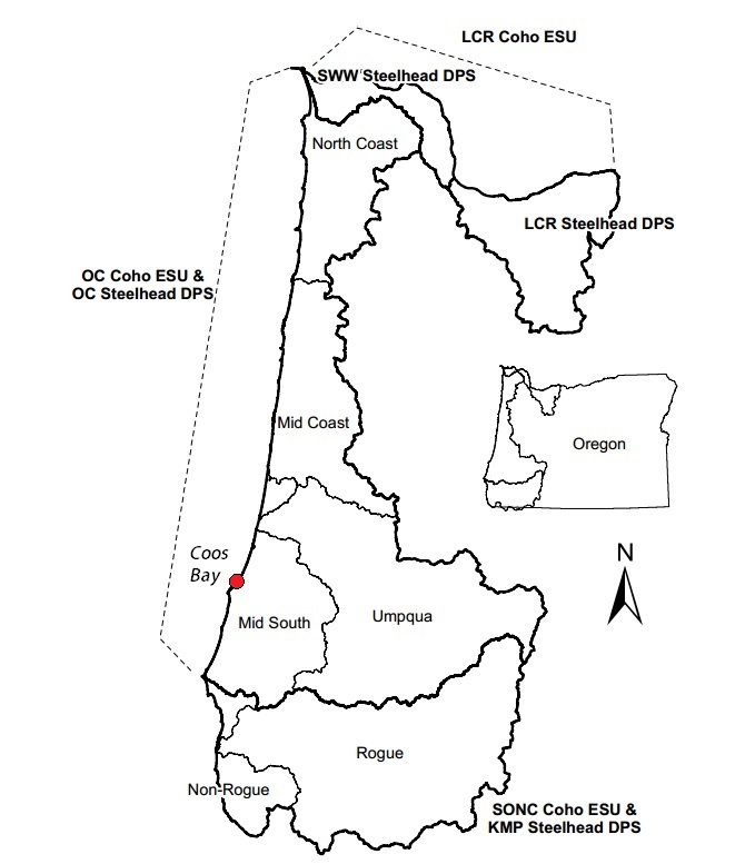 Figure 1. ODFW (2004) beaver pool data come from Coho salmon stream surveys, which occur along the coast within a series of “Gene Conservation Groups” (GCG). The Coos watershed is within in the Mid-South GCG. Collectively, the Mid-South, Umpqua, Mid-Coast, and North-Coast GCGs make up the Oregon Coast Coho “Evolutionarily Significant Unit” (ESU). Graphic: Constable and Suring 2013