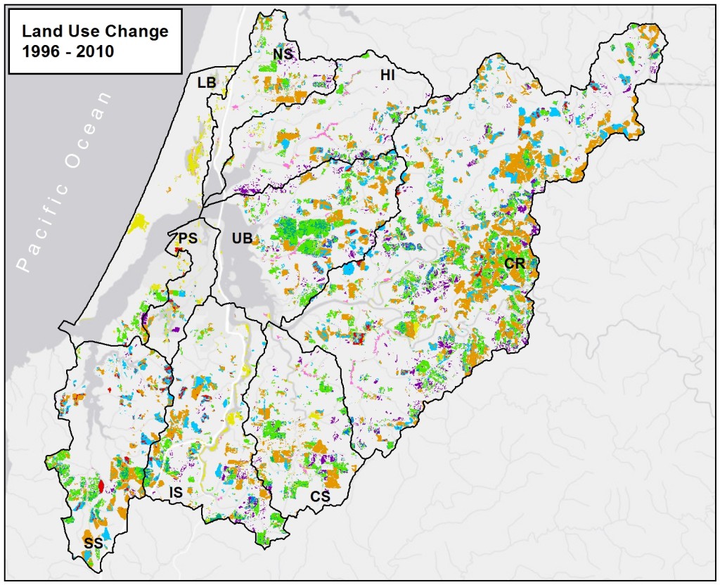 Figure 12. Distribution of the eight largest LULC class changes in the project area between 1996 and 2010. All other changes are indicated in the “Other” category. Within the project area, gray areas not colored were unchanged. Data Source: C-CAP 2014