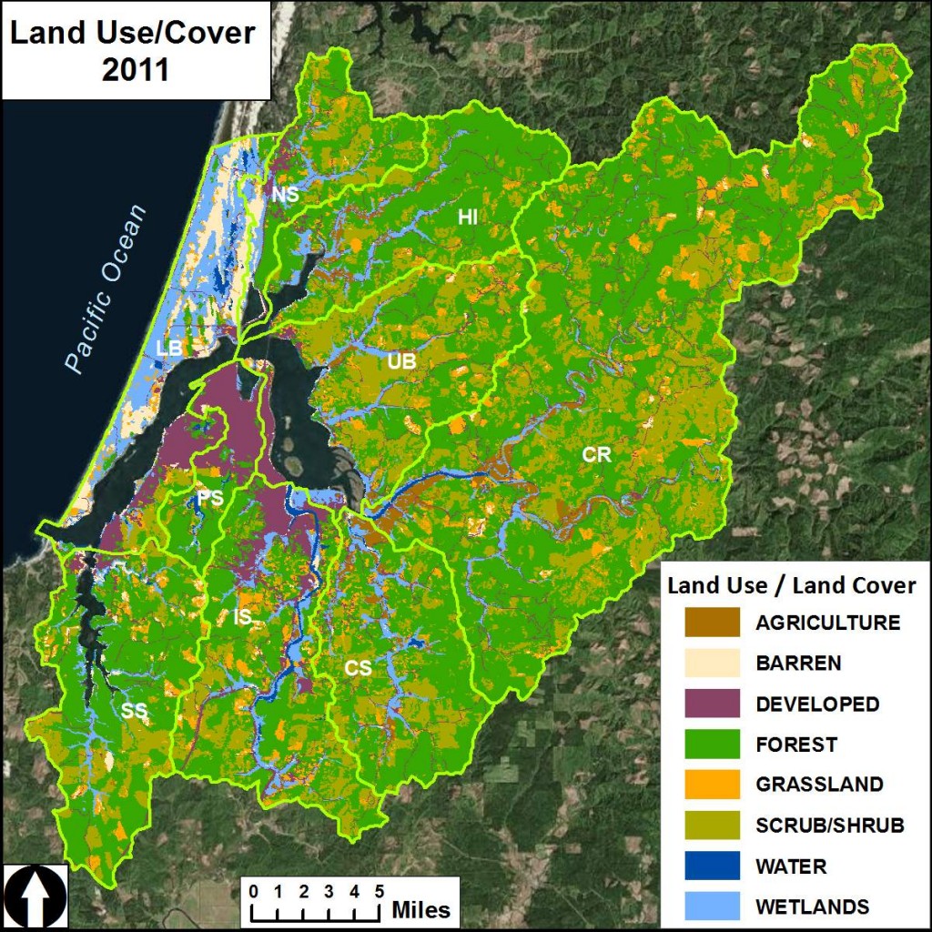 Figure 1. Land use patterns within the project area’s nine subsystems.  Data Source: NLCD 2011. Subsystems:    CR- Coos River;   CS- Catching Slough;   HI- Haynes Inlet;  IS- Isthmus Slough;   LB- Lower Bay;   NS- North Slough;   PS- Pony Slough;   SS- South Slough;   UB- Upper Bay 