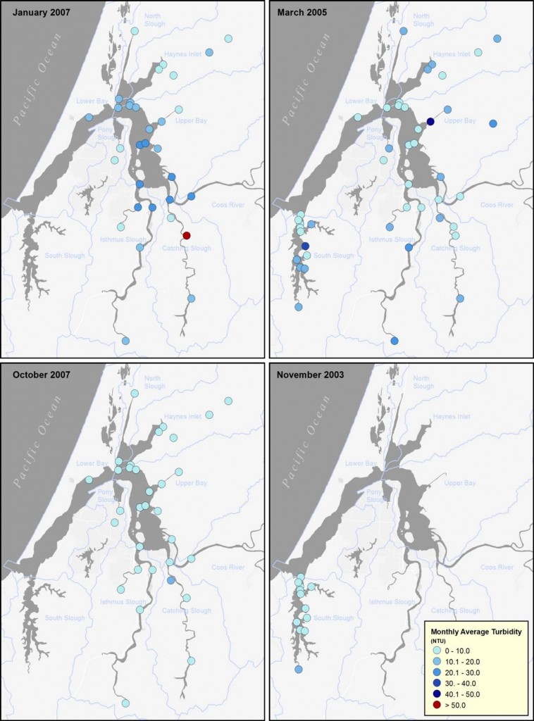 Figure 11. Monthly average turbidity data sampled in four different months and three different years as part of ODEQ’s storm-related bacteria monitoring. Monthly averages at each site are shown. Not all sites were measured each time period and some sites were more intensely monitored within a single month than others (the number of sites and samples sizes varied between sites ; between 1 and 5 samples were collected at each site per month).  Data: ODEQ 2005b, 2007b 