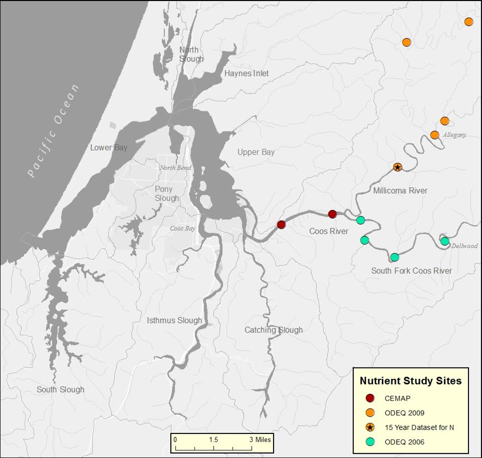 Figure 21. Coos River sampling site location map. Source: ODEQ 2006, 2009; Sigmon et al. 2006.