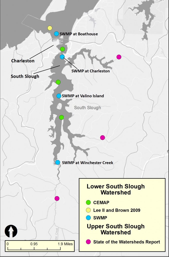 Figure 3. South Slough water column nutrients study sites. CEMAP refers to data from Sigmon et al. 2006. State of Watersheds Report refers to Cornu et al. 2012. 