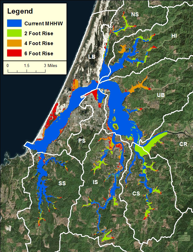 Figure 1. Sea level rise scenarios in the Project Area. Data: USDOC 2012. Subsystems: CR- Coos River; CS- Catching Slough; HI- Haynes Inlet;   IS- Isthmus Slough; LB- Lower Bay; NS- North Slough; PS- Pony Slough; SS- South Slough; UB- Upper Bay 