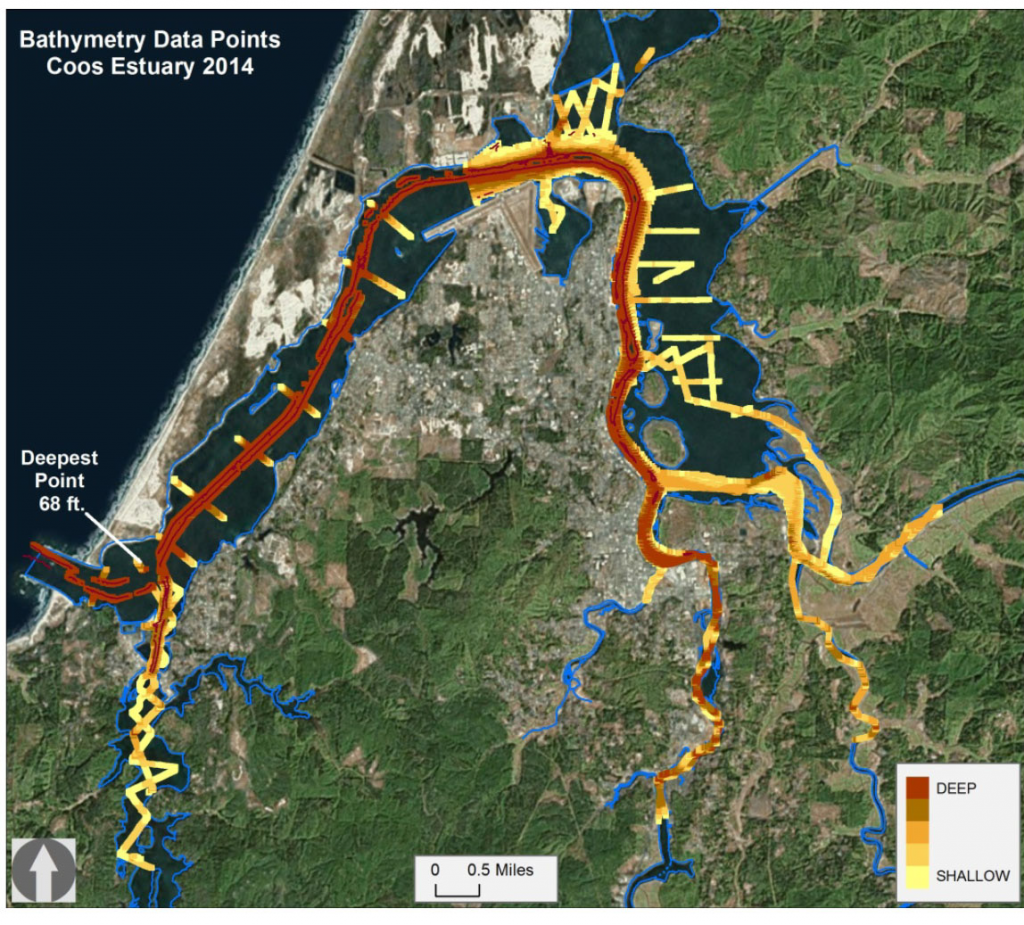 Figure 6. Known bathymetry of the Coos estuary. The estuary boundary is outlined in blue. Data came from regular U.S. Army Corps of Engineer hydrographic surveys, and bathymetry surveying conducted by Oregon State University in 2014.  Data Source: USACE 2014; Wood and Ruggiero 2014