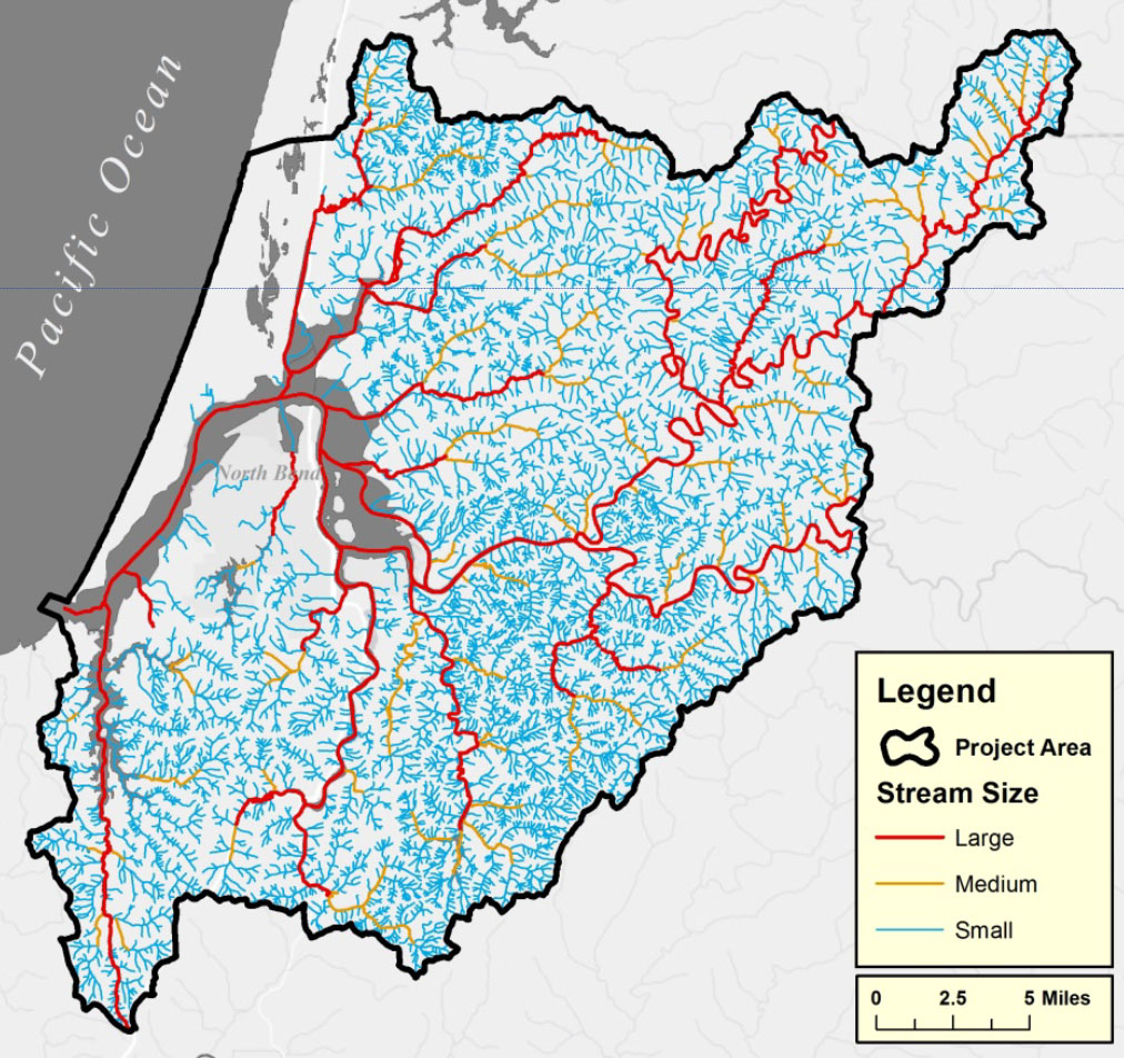 Figure 1. Project area rivers and streams contributing fresh water to the Coos estuary, sorted by size. Large stream flows average ≥10 cfs/year;  Medium stream flows average 2-10 cfs/year; Small stream flows average ≤2 cfs/year. Data: ODF n.d., OAR 2015. Subsystems: CR- Coos River, CS- Catching Slough, HI-Haynes Inlet, IS- Isthmus Slough, LB- Lower Bay, NS- North Slough, PS- Pony Slough, SS- South Slough, UB- Upper Bay