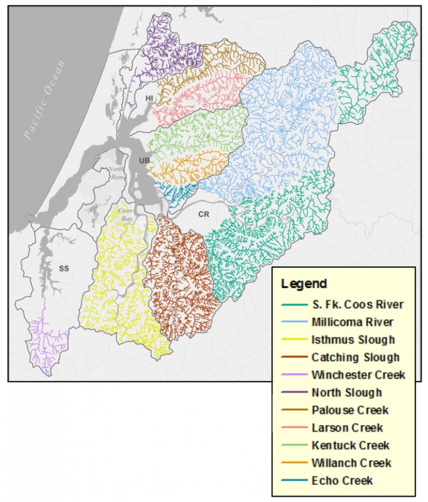 Figure 14. Distribution of watersheds where stream flow (discharge) has been measured. Subsystems mentioned in the report are labeled: HI (Haynes Inlet); UB (Upper Bay); CR (Coos River); SS (South Slough); CS (Catching Slough); IS (Isthmus Slough). Data: ODF n.d. 