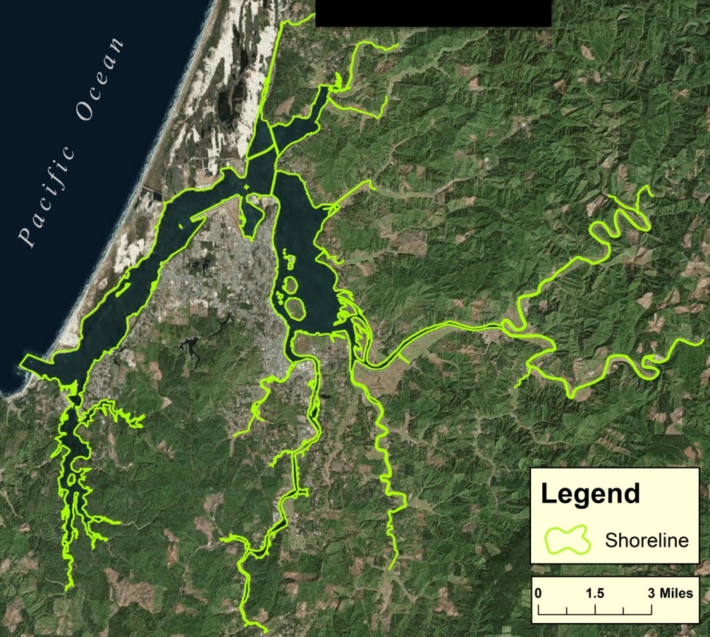 Figure 1. Coos estuary shoreline at Mean High Water (MHW). Data source: DLCD 2011