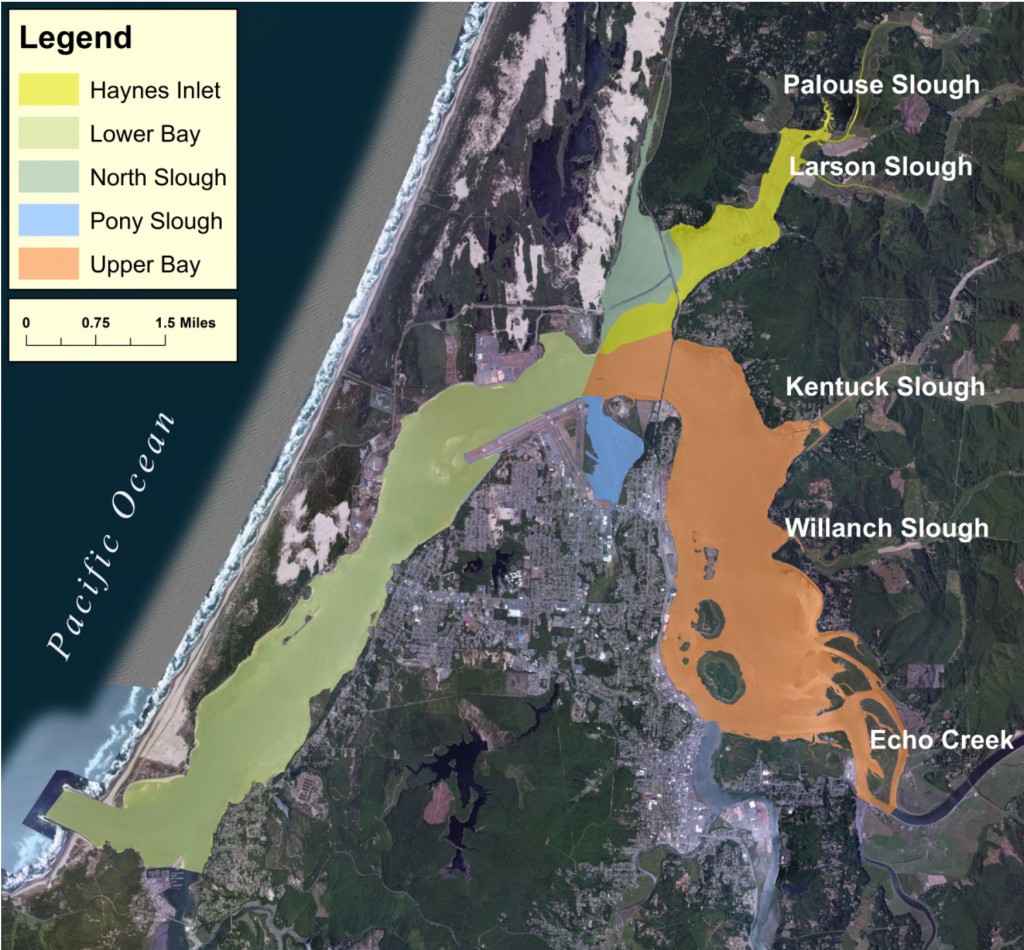 Figure 2a.  Northern portion of the Coos estuary shoreline at Mean High Water (MHW) using 2011 vector shoreline data. Major subsystems are designated by color. Data source: DLCD 2011