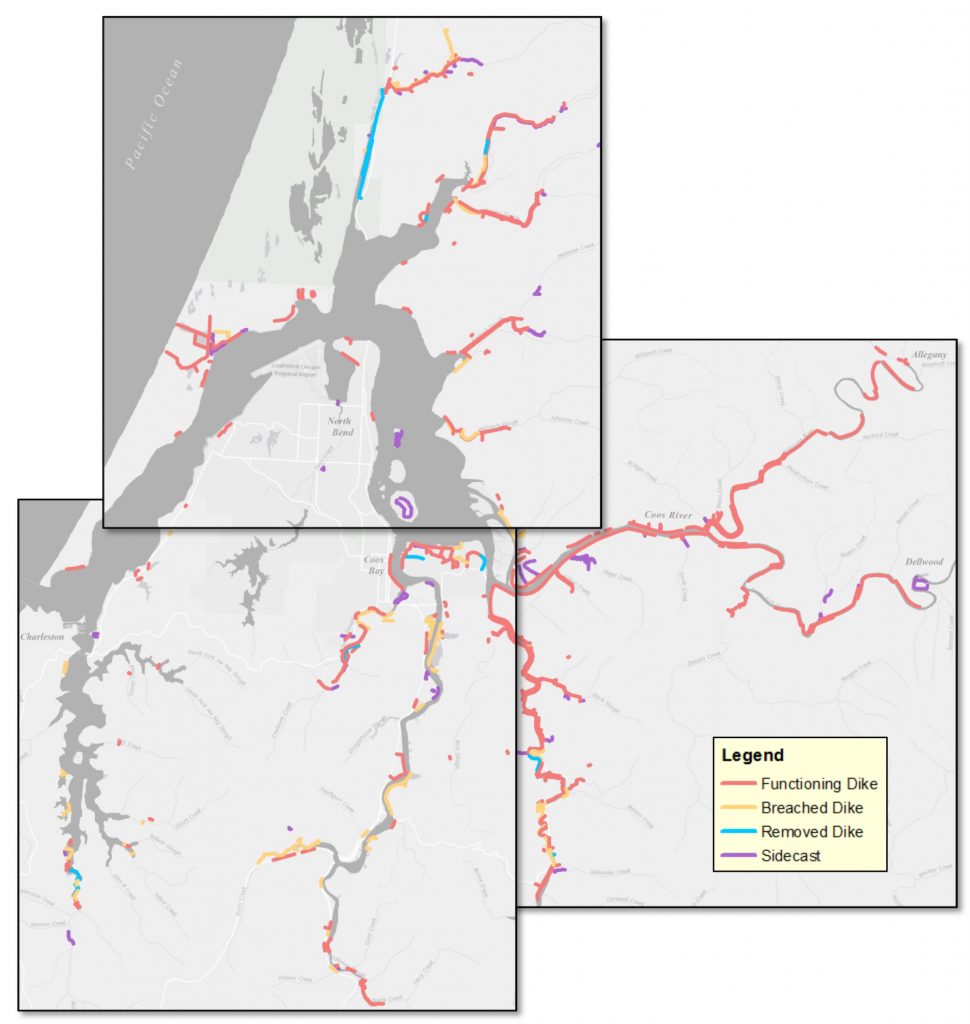 Figure 1. Location and status  of levees as identified by the Oregon Coastal Management Programs levee inventory.  Functioning levees include man-made and natural levees. Data source: OCMP 2011a.