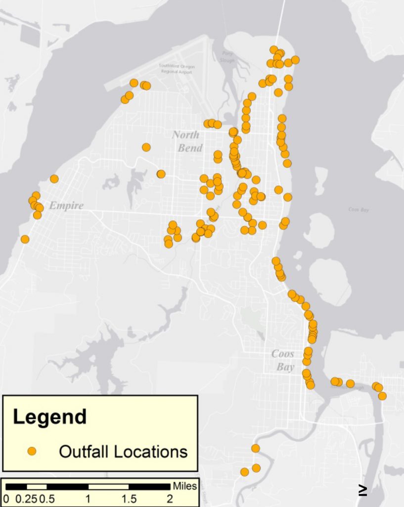 Figure 10. Outfall locations within Coos Bay and North Bend city limits. Data: City of Coos Bay n.d.; City of North Bend 2005.